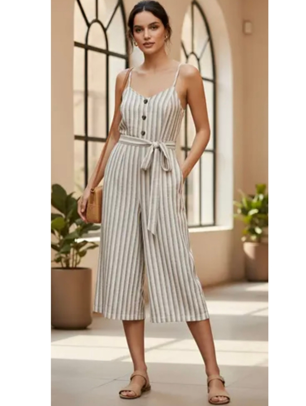 Universal Thread XS Linen Jumpsuit Striped Romper Wide Leg Crop AM-2145